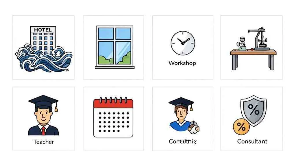 Een raster van acht pictogrammen, waaronder een hotel, raam, klok, werkbank, leraar, kalender en twee consultants.