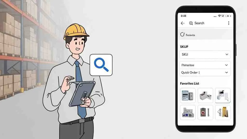 Een magazijnmedewerker met tablet zoekt producten in een webshop op zijn mobiele telefoon, met een overzicht van favoriete items.