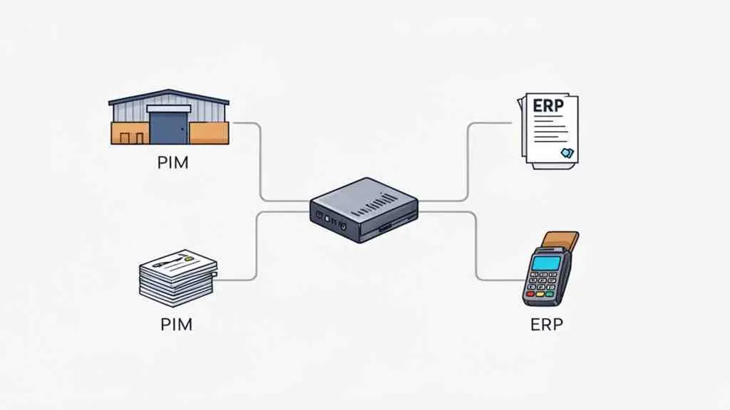 Een diagram toont een centrale eenheid die PIM-systemen (magazijn, documenten) verbindt met ERP-systemen (documenten, betaalautomaat).