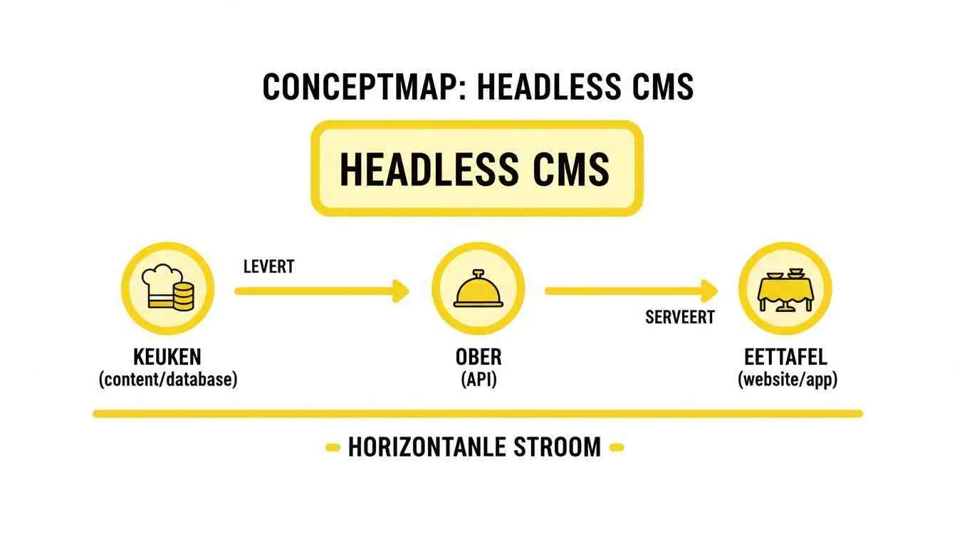 Conceptmap van een Headless CMS, visueel uitgelegd met een keuken, ober en eettafel metafoor.