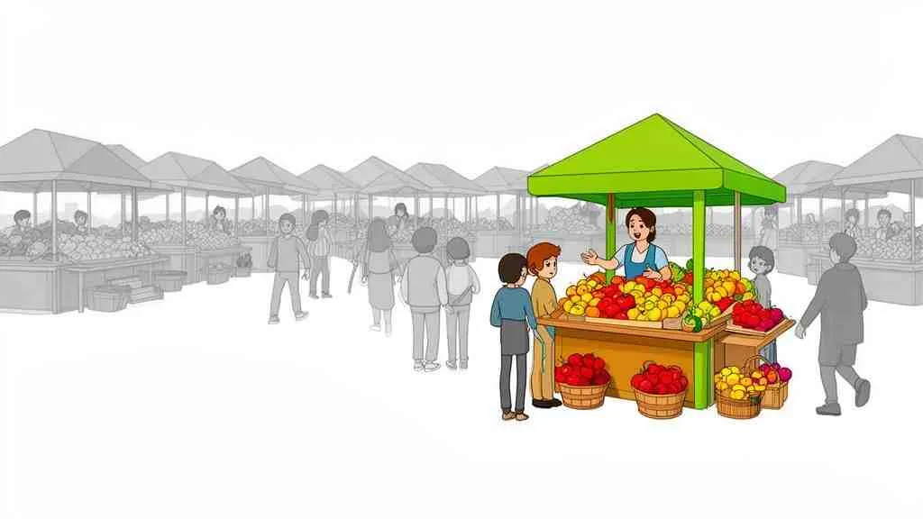 Een levendige markt met een vrouw die appels verkoopt aan klanten onder een groene luifel, en andere kraampjes op de achtergrond.