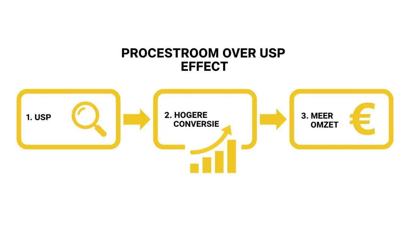 Processtroom die het effect van een USP toont: van onderzoek naar USP naar hogere conversie en meer omzet.