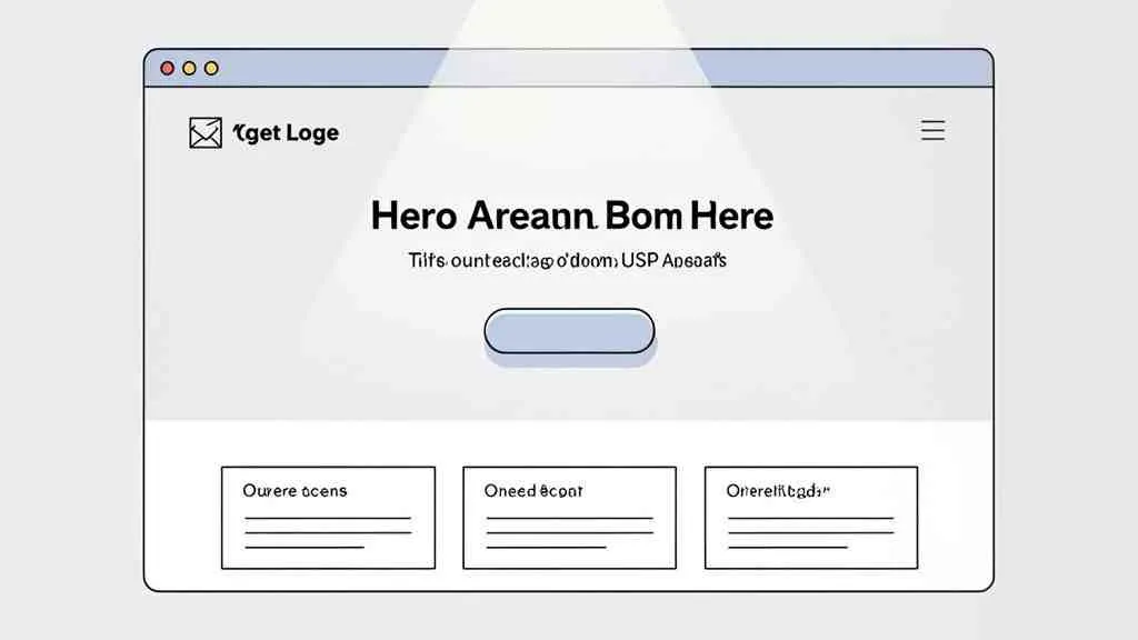 Wireframe van een website in een browservenster met een hero sectie, knop en drie inhoudskaarten.