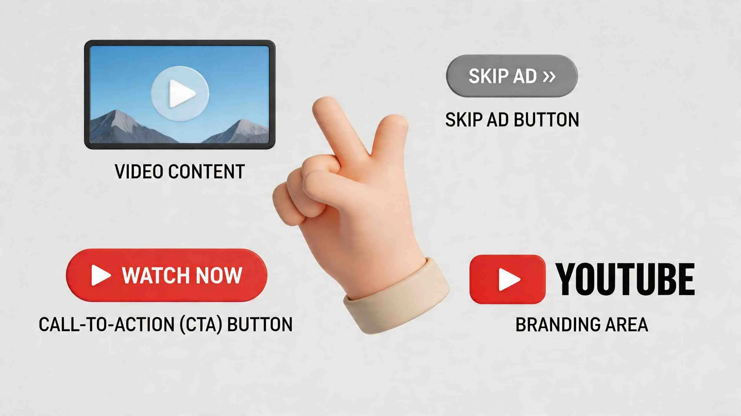 Een 3D-illustratie van een hand die wijst naar elementen van een YouTube-advertentie, waaronder een video en knoppen.