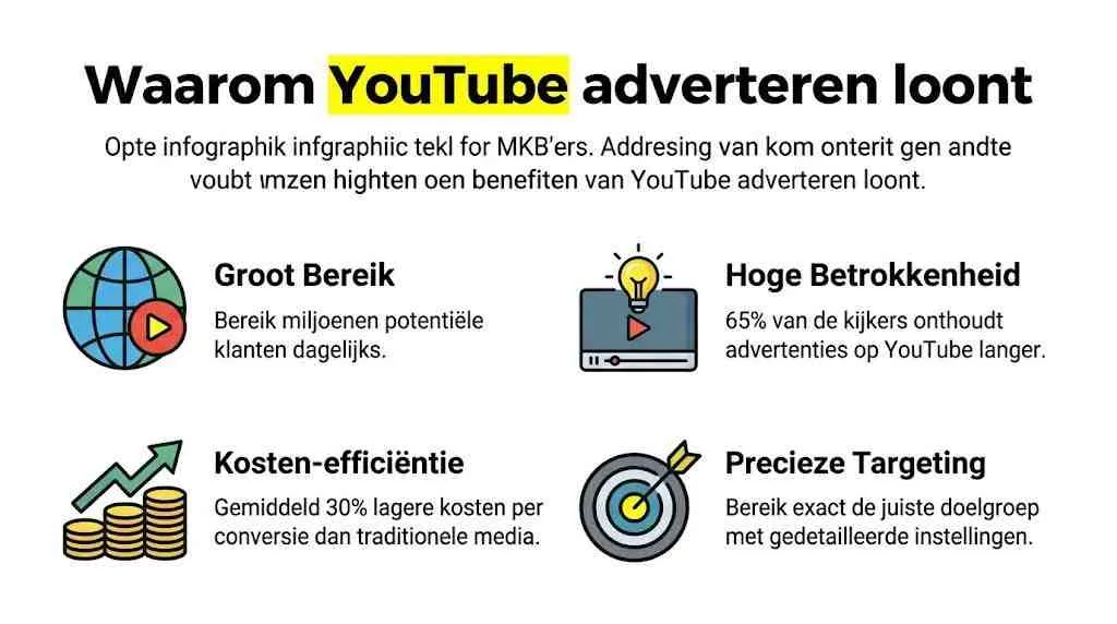 Een infografiek die de vier belangrijkste voordelen van adverteren op YouTube voor MKB-bedrijven toelicht en visualiseert.