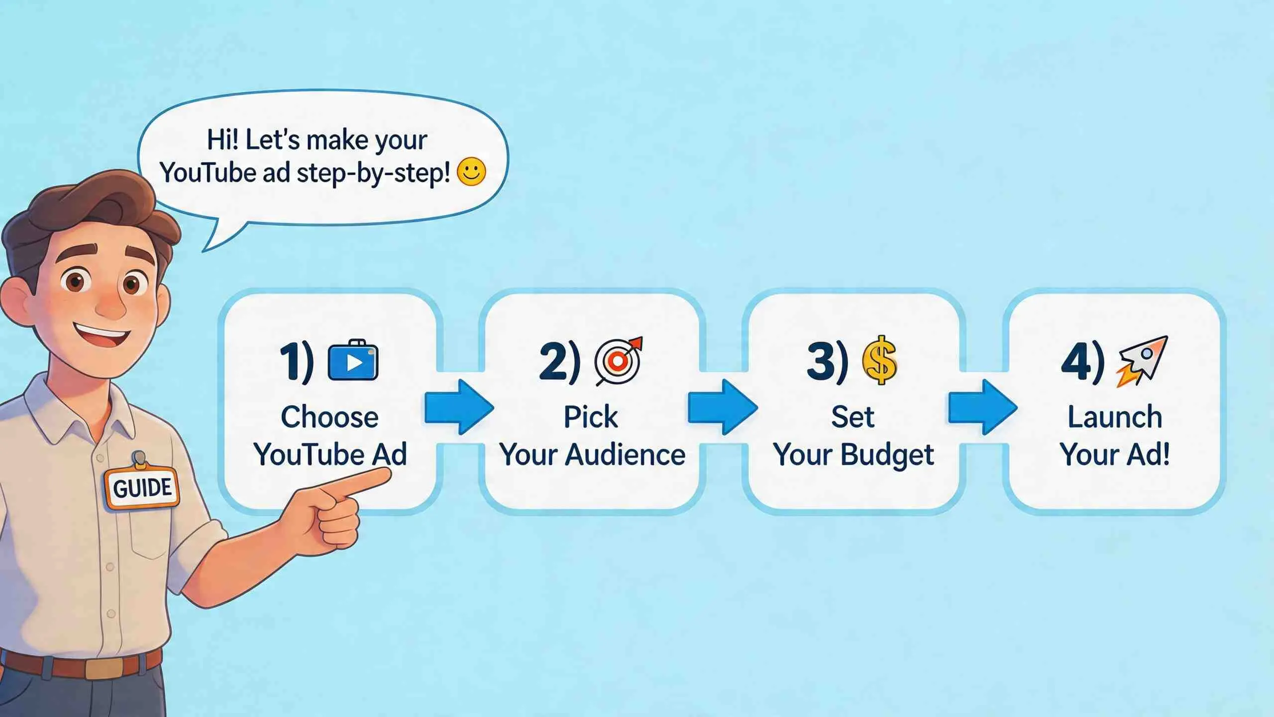 Een vriendelijke gids die in vier eenvoudige stappen uitlegt hoe je een YouTube-advertentie kunt maken en lanceren.