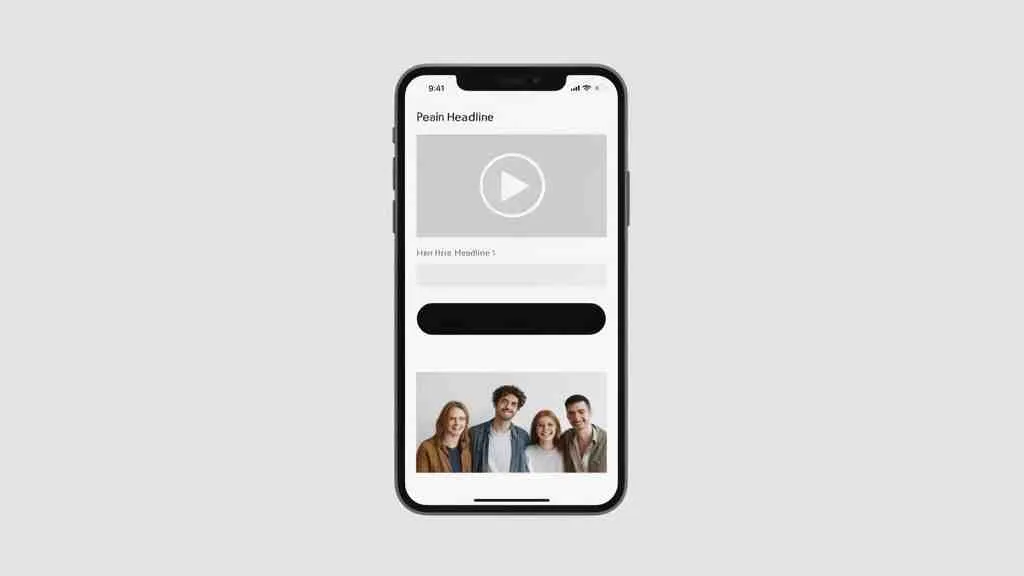Een smartphone toont een app-interface met een video-placeholder, headlines en een foto van vier lachende mensen.