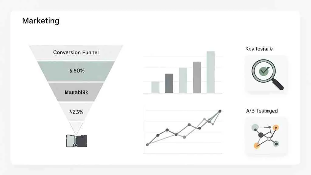 Een overzicht van marketinganalyse met een conversietrechter, grafieken en iconen voor A/B-testen en onderzoek.