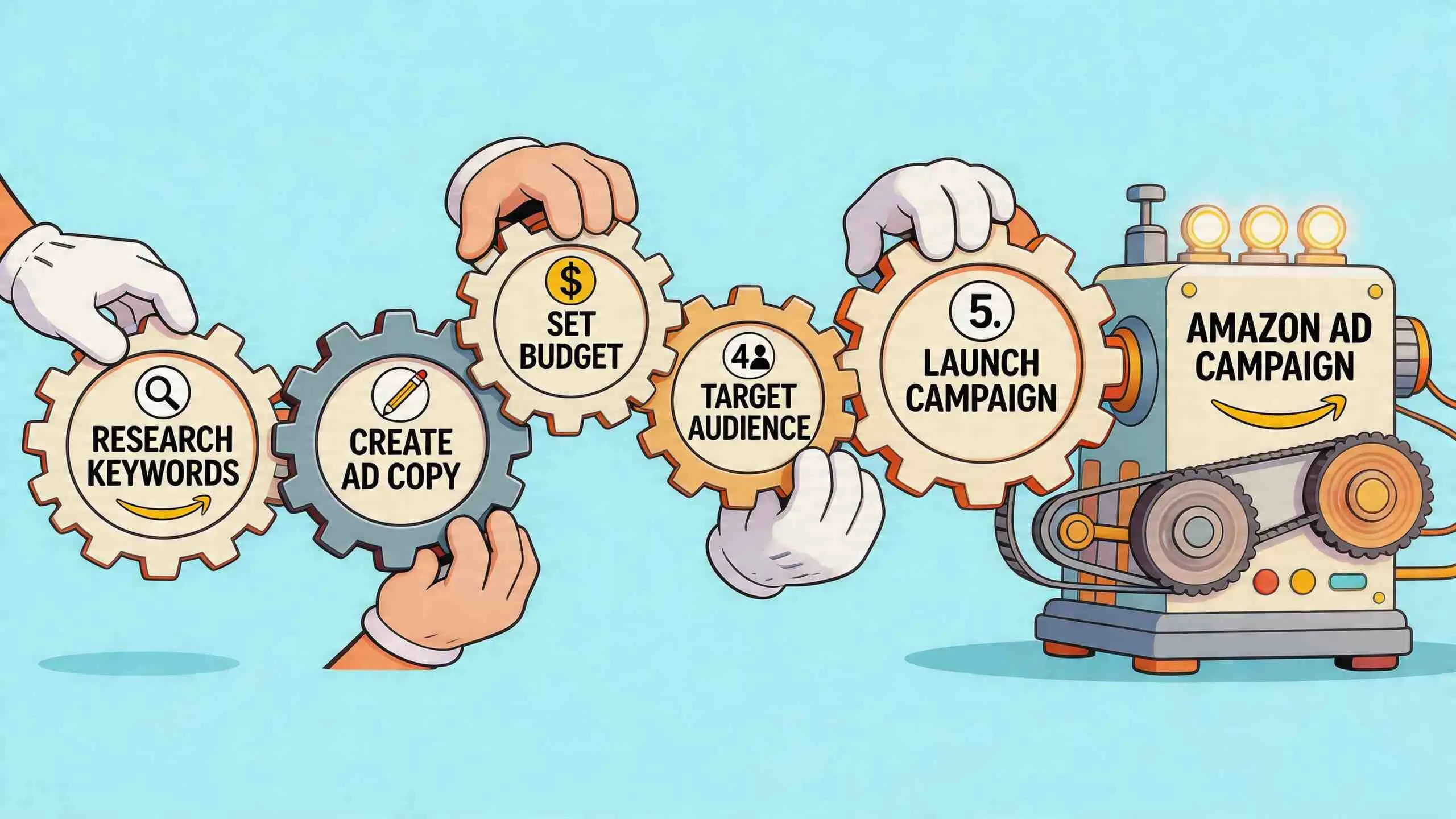 Een illustratie van handen die tandwielen verbinden om een Amazon advertentiecampagne proces te tonen.