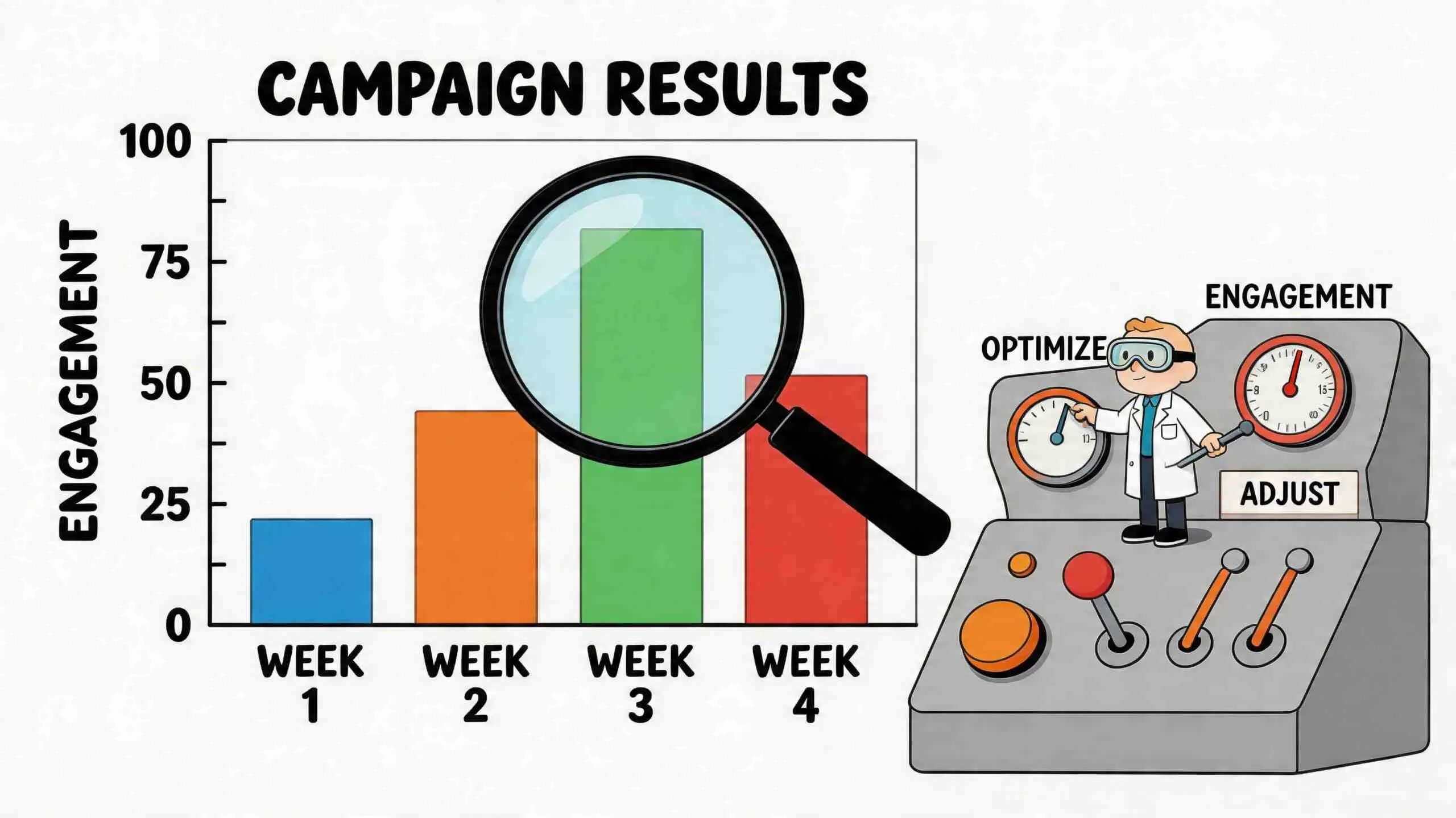 Een cartooneske wetenschapper analyseert campagneresultaten op een staafdiagram om engagement en prestaties te optimaliseren en aan te passen.
