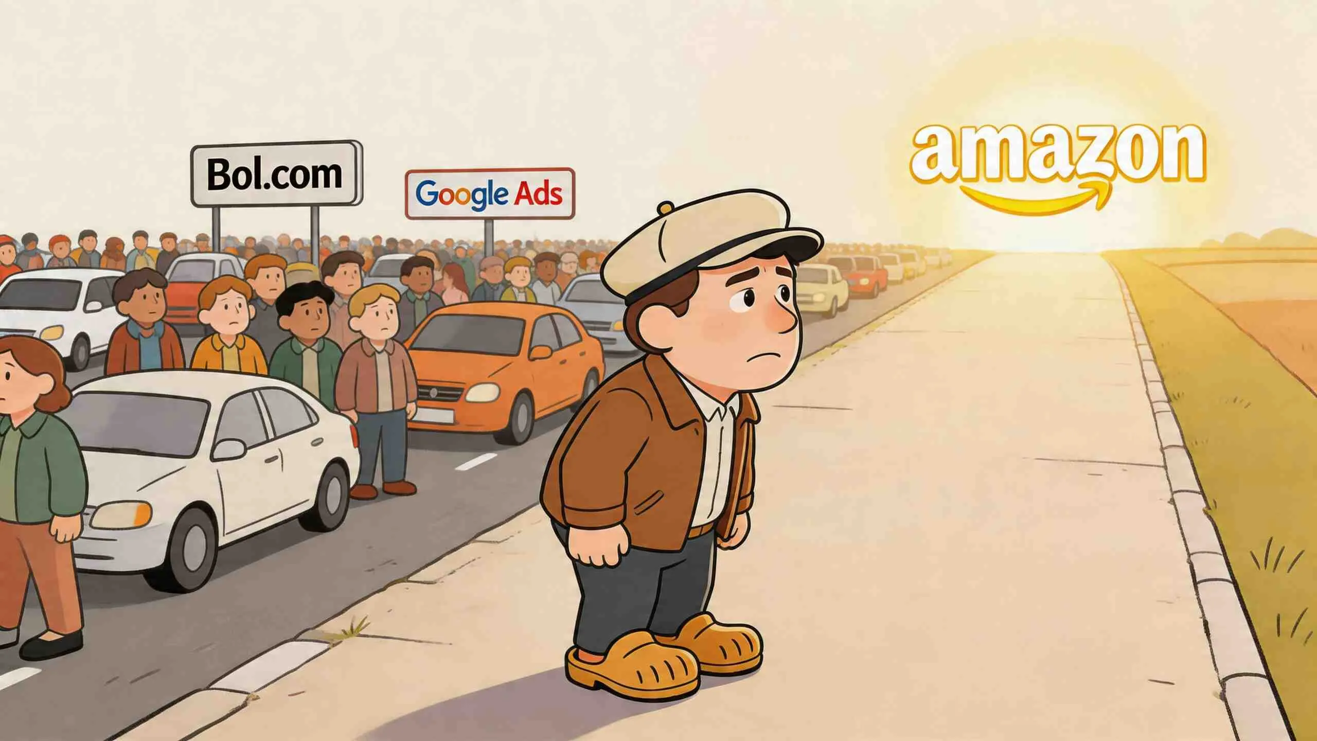 Een jongen kijkt verlangend naar het Amazon-logo, terwijl een drukke weg vol auto's vaststaat bij andere platformen.