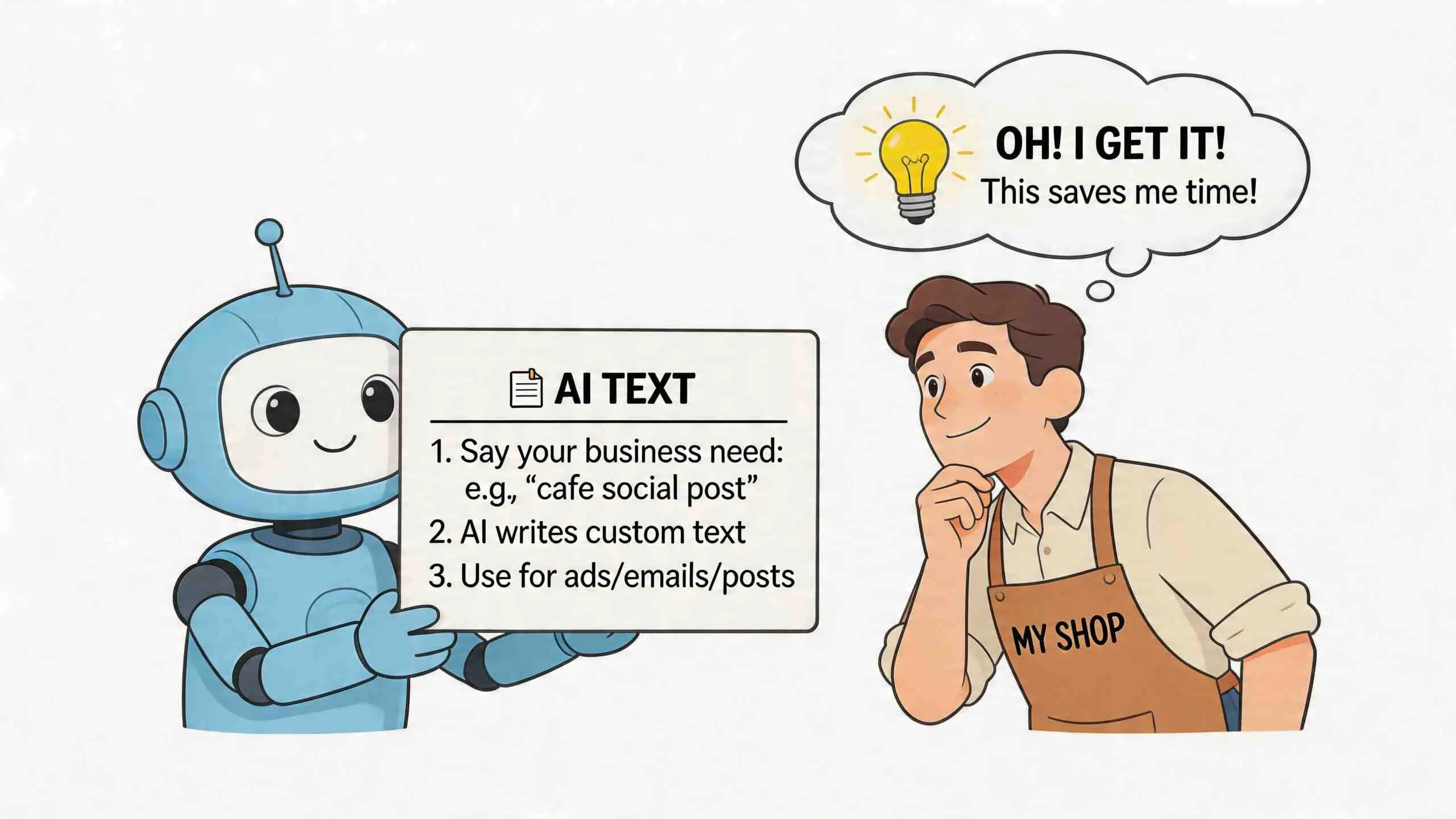 Een behulpzame AI-robot laat een winkelier zien hoe hij snel teksten kan genereren met kunstmatige intelligentie.