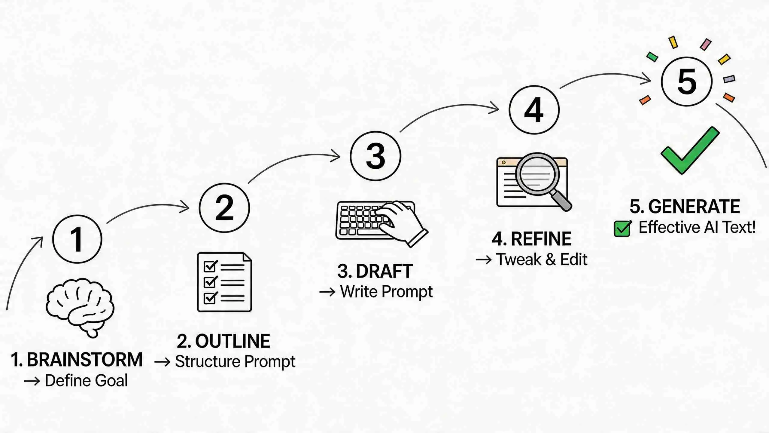 Een stroomschema in vijf stappen dat het proces van het schrijven van effectieve AI-teksten visualiseert.