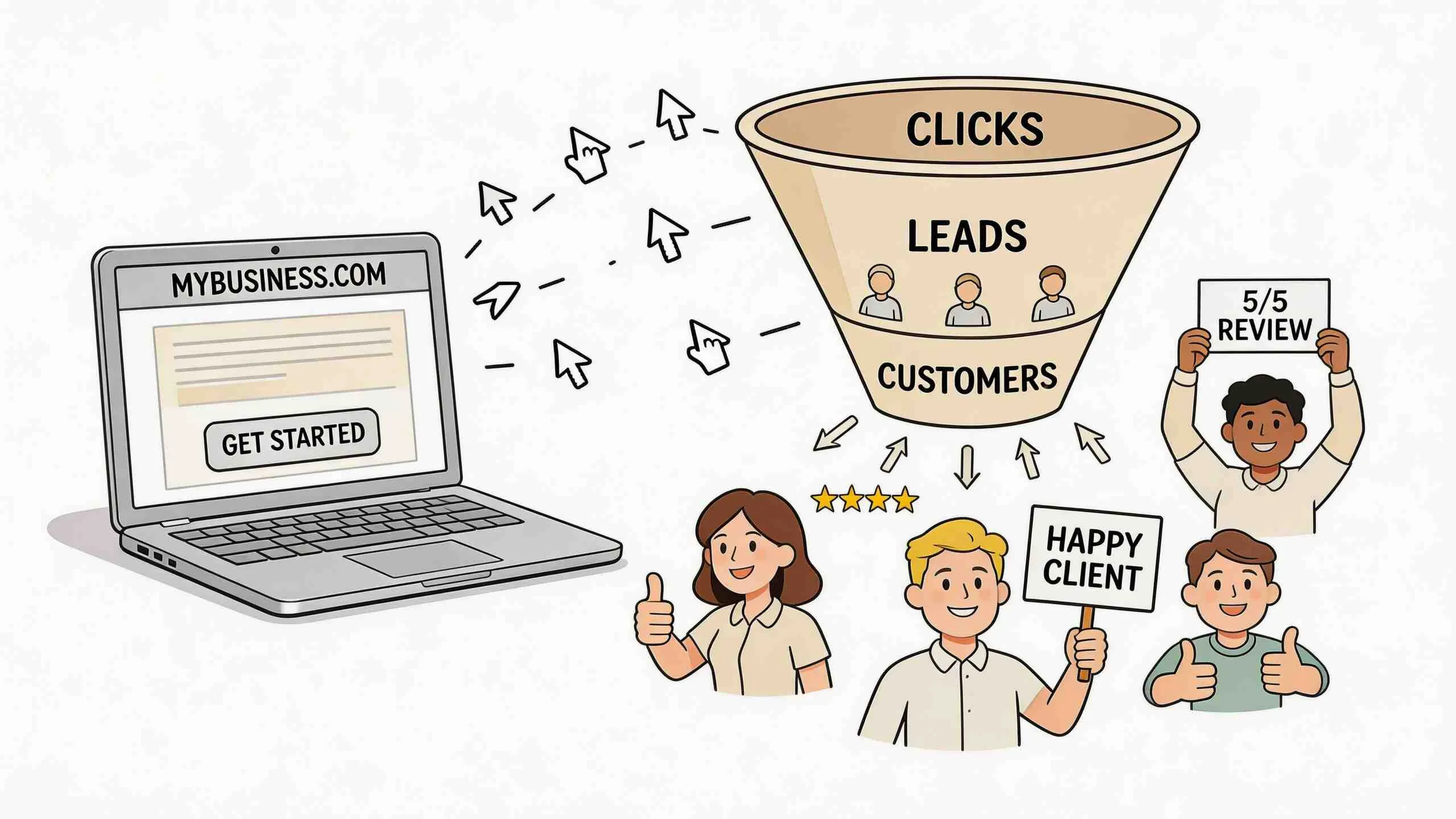 Illustratie van een verkooptrechter die websitebezoekers omzet in tevreden klanten met positieve beoordelingen.