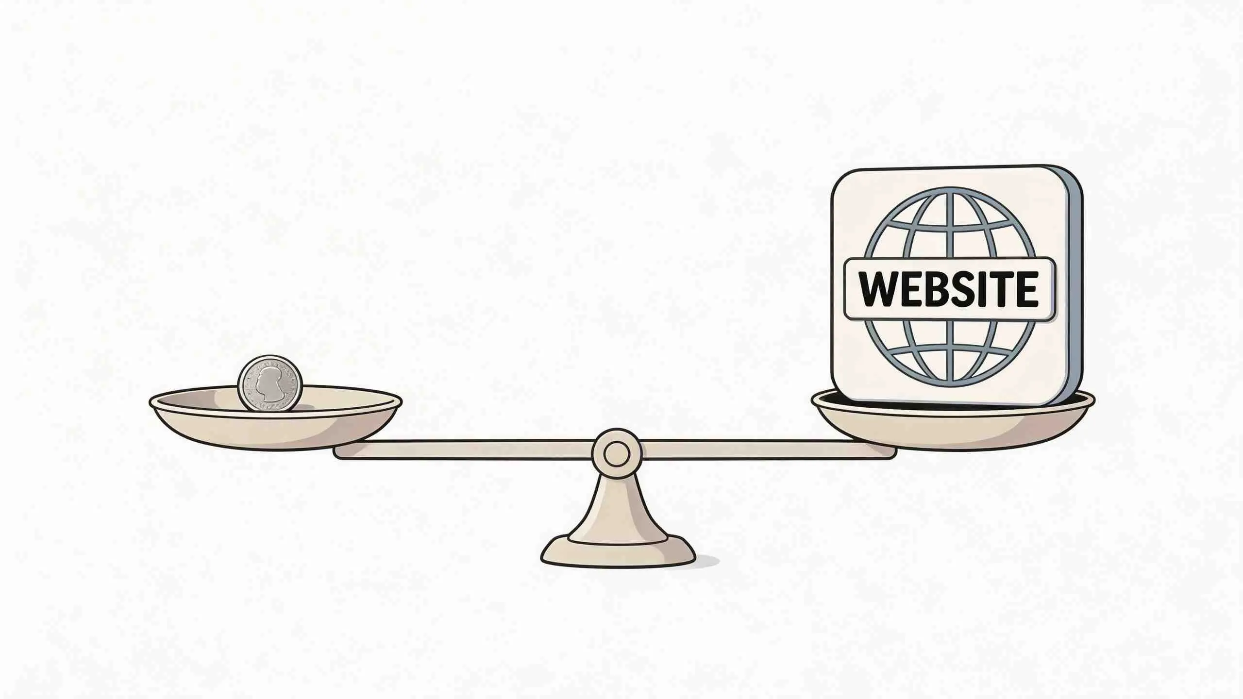 Een weegschaal met aan de ene kant een muntstuk en aan de andere kant een website icoon.