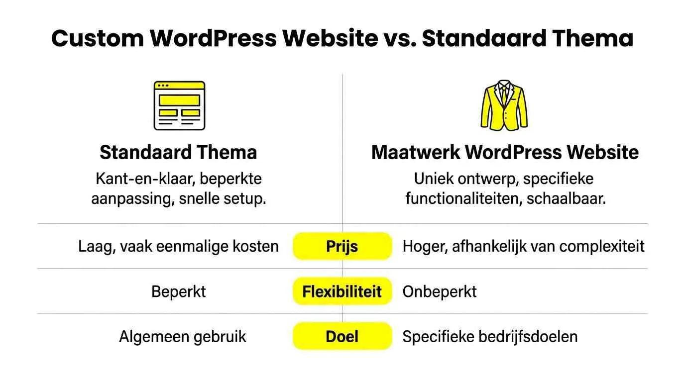 Vergelijkingstabel tussen een standaard WordPress thema en een op maat gemaakte WordPress website voor bedrijven.