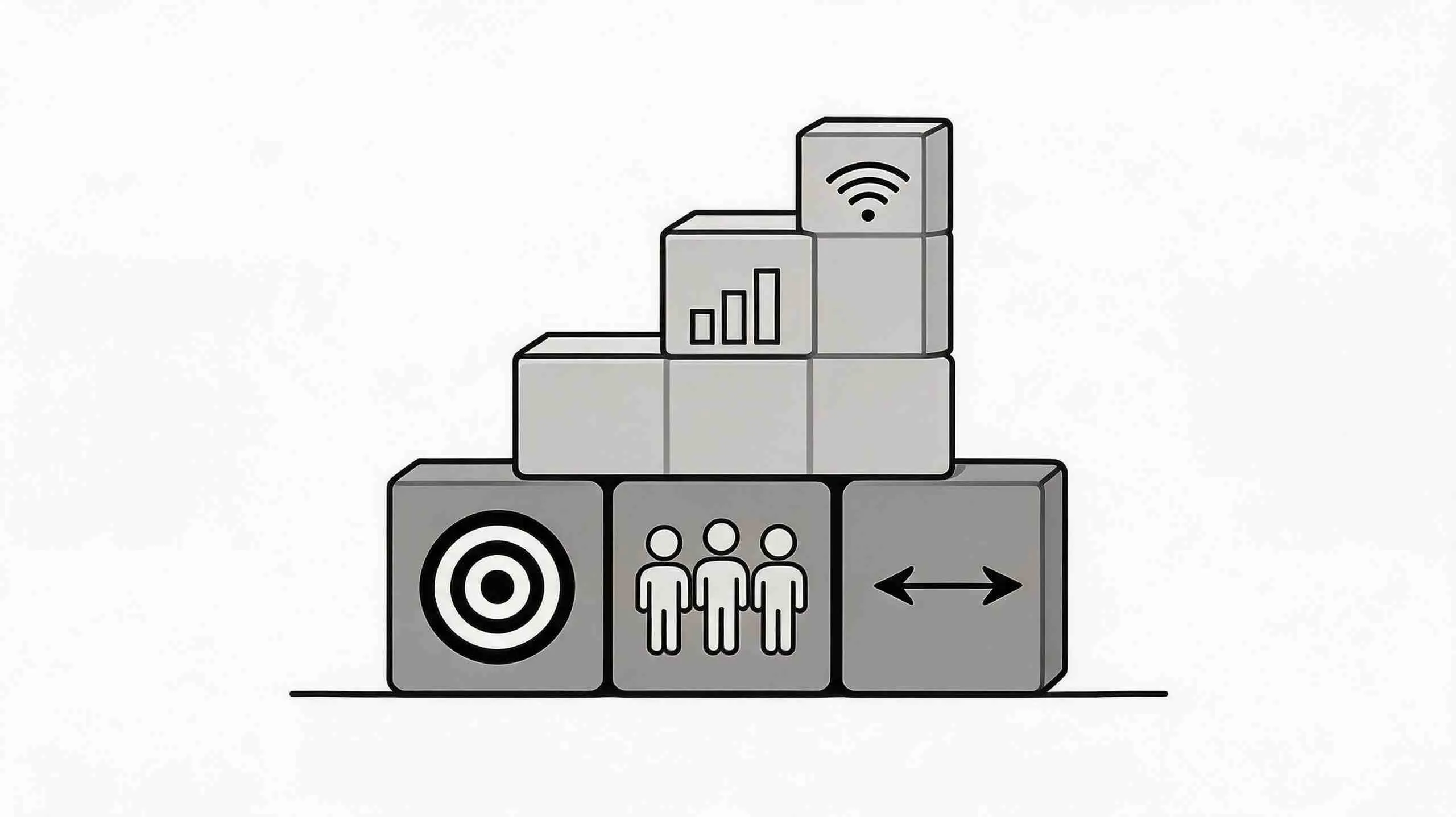 Een gestapelde illustratie van blokken die digitale strategie, teamwerk en groei in bedrijfsdoelstellingen weergeven.