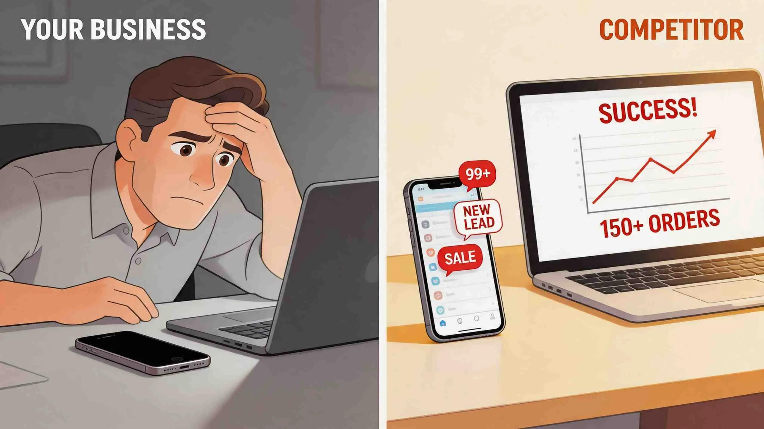 Een vergelijking van een gestresste ondernemer tegenover een succesvolle concurrent met veel verkooporders en nieuwe leads.