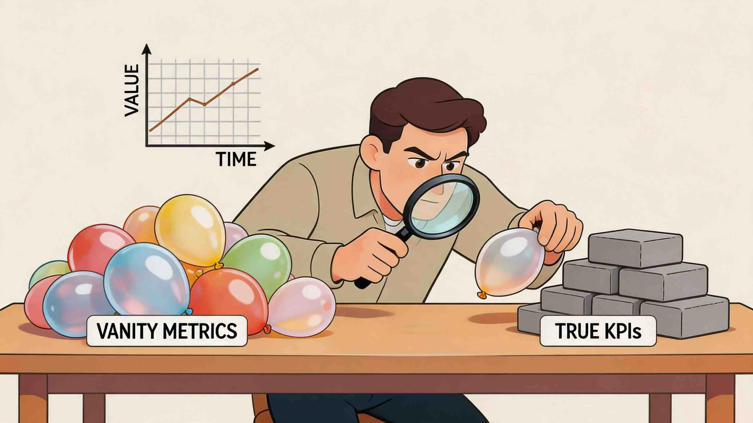 Een zakenman onderzoekt een ballon met een vergrootglas naast een stapel stenen en grafiek.