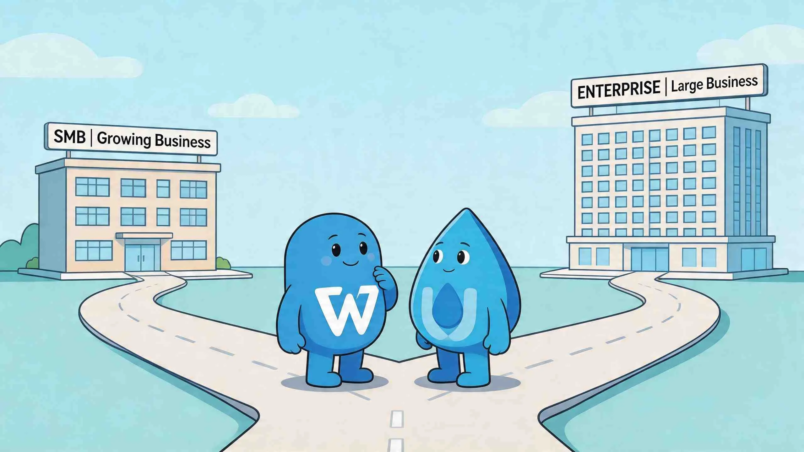 Twee blauwe mascottes staan voor een splitsing naar een groeiend mkb-bedrijf en een grote onderneming.