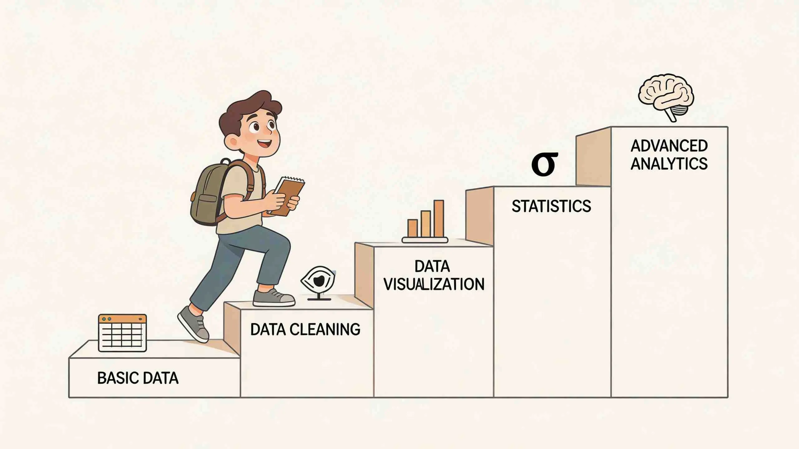 Een illustratie van een student die stappen zet op een trap van data-analyse vaardigheden naar gevorderde analyse.