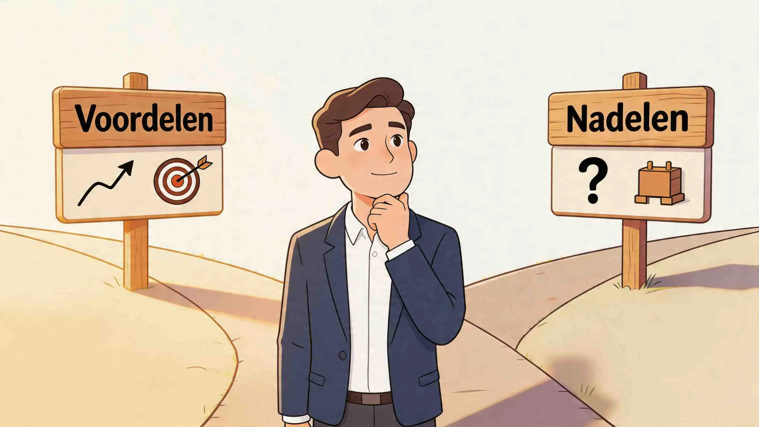 Een zakenman staat op een splitsing en twijfelt tussen voordelen en nadelen van een beslissing.