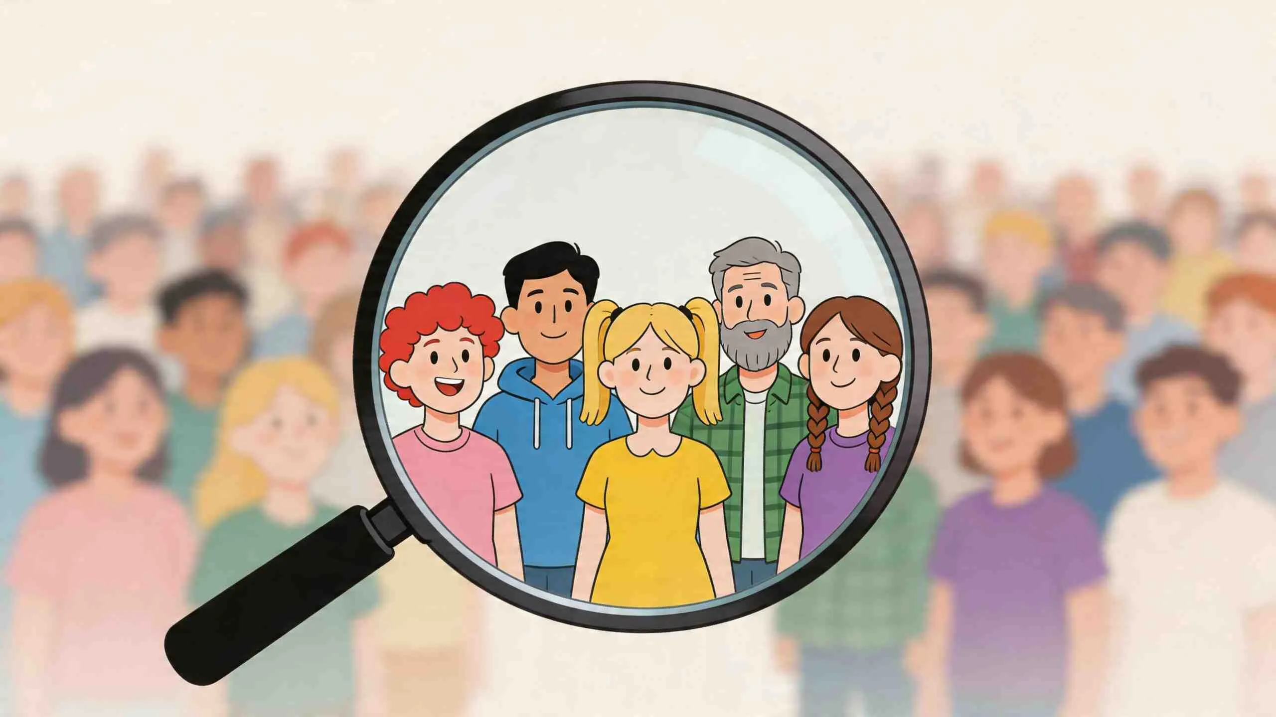 Een vergrootglas gericht op een diverse groep mensen, wat symbool staat voor doelgroepsegmentatie in digitale marketing.