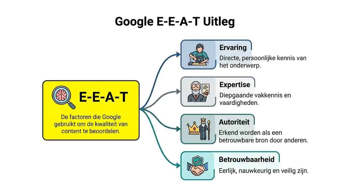 Een infografiek die de vier componenten van Google E-E-A-T uitlegt voor het beoordelen van contentkwaliteit.