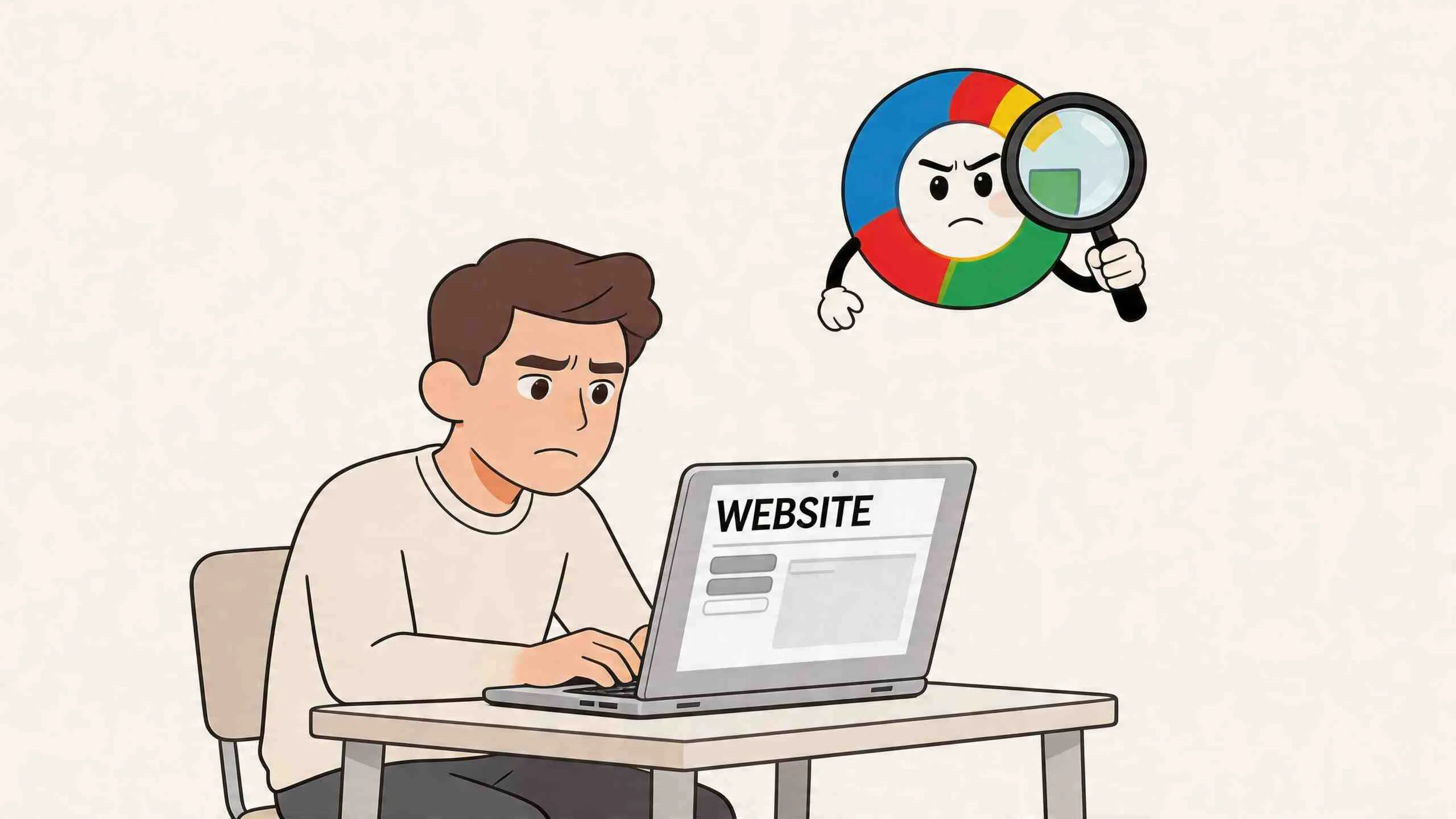 Een bezorgde man achter een laptop wordt kritisch in de gaten gehouden door een Google zoekmachine logo.