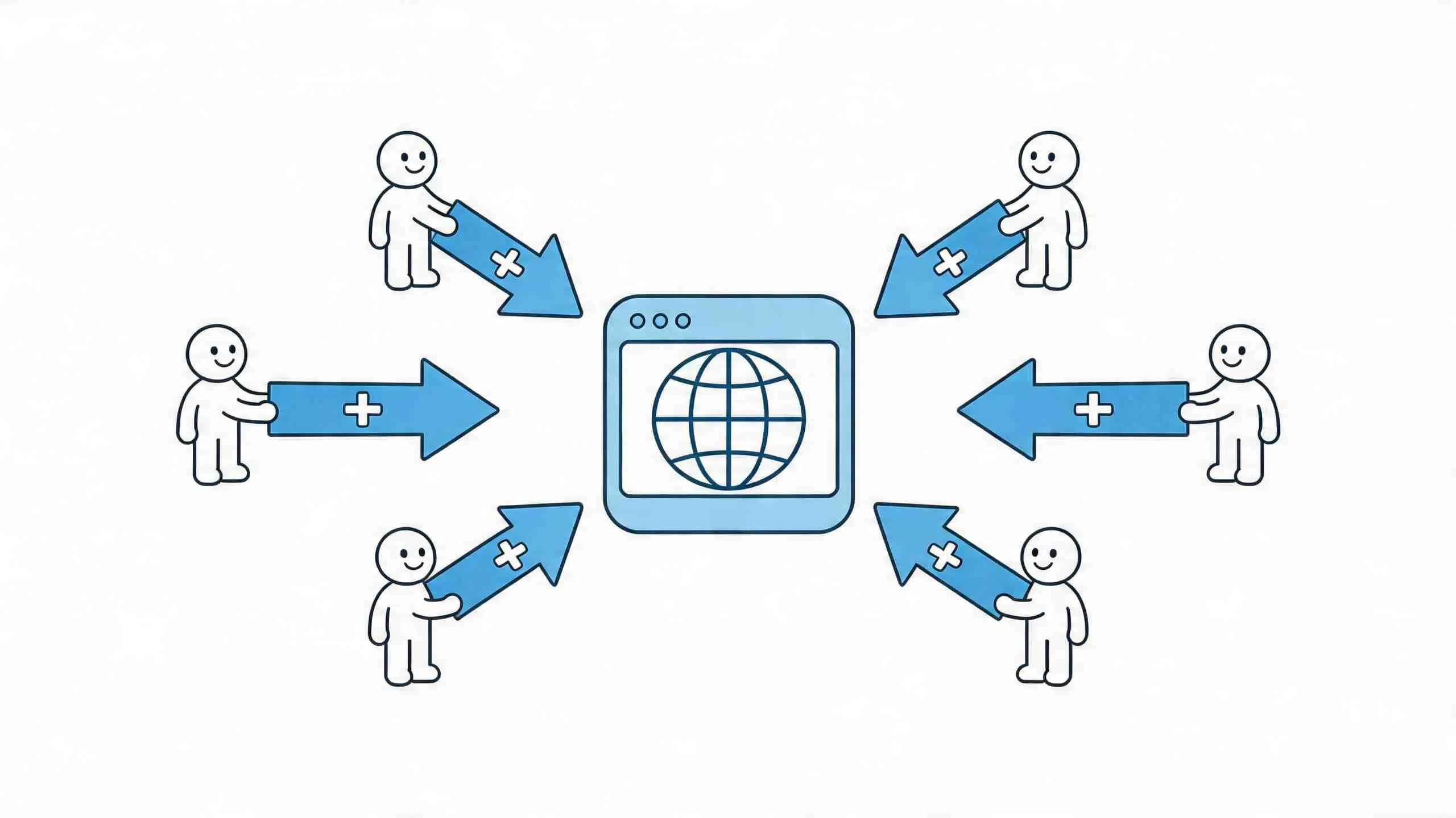 Een illustratie van een groep mensen die plus-tekens naar een centraal webbrowser-icoon met een wereldbol brengt.