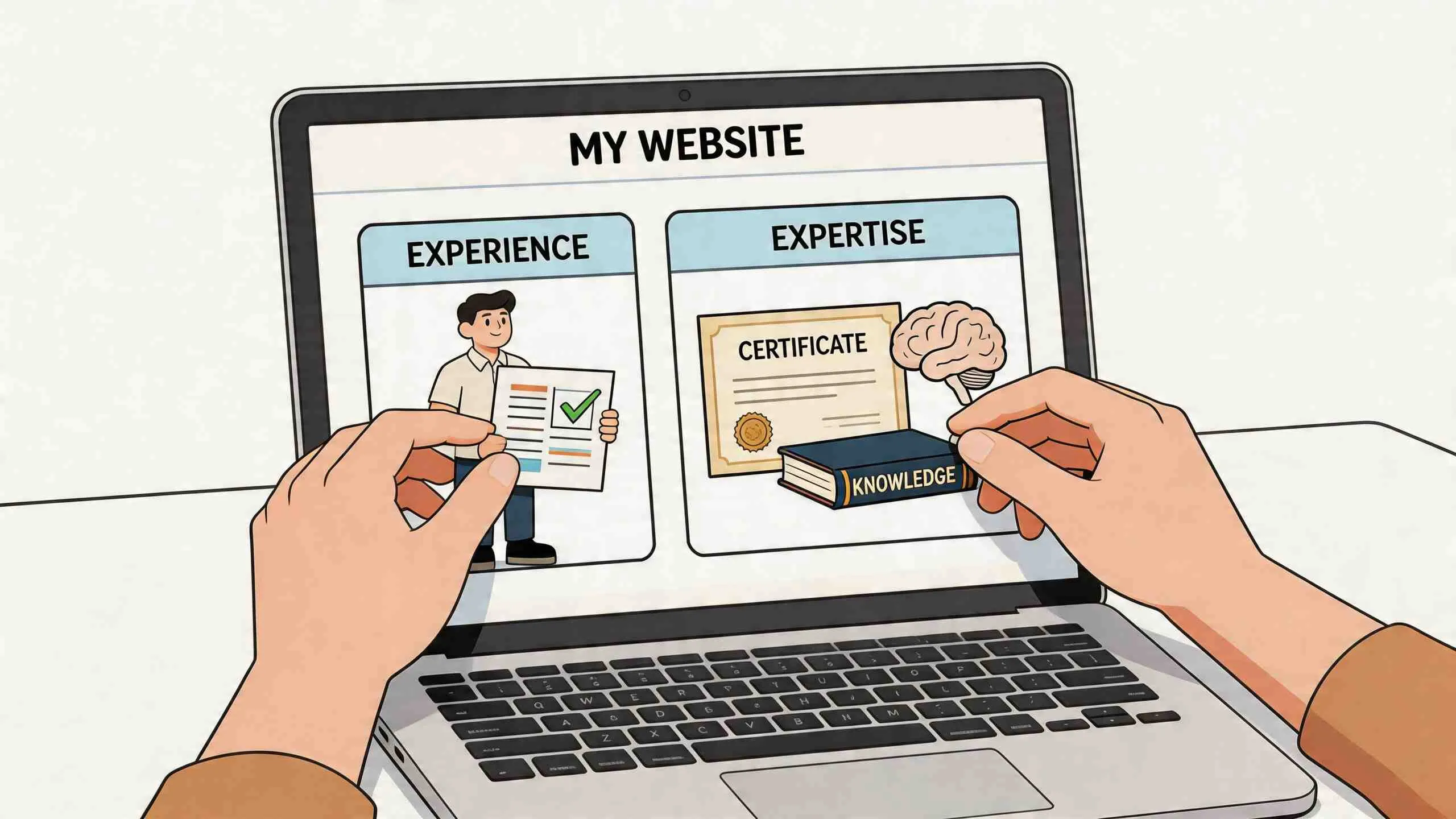 Illustratie van een laptop die E-E-A-T concepten toont, waaronder ervaring, certificaten en kennis voor website optimalisatie.