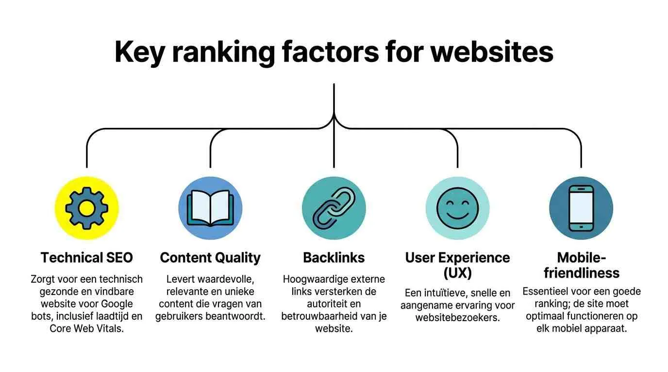Een infographic met vijf essentiële factoren voor een goede zoekmachineoptimalisatie van een website.
