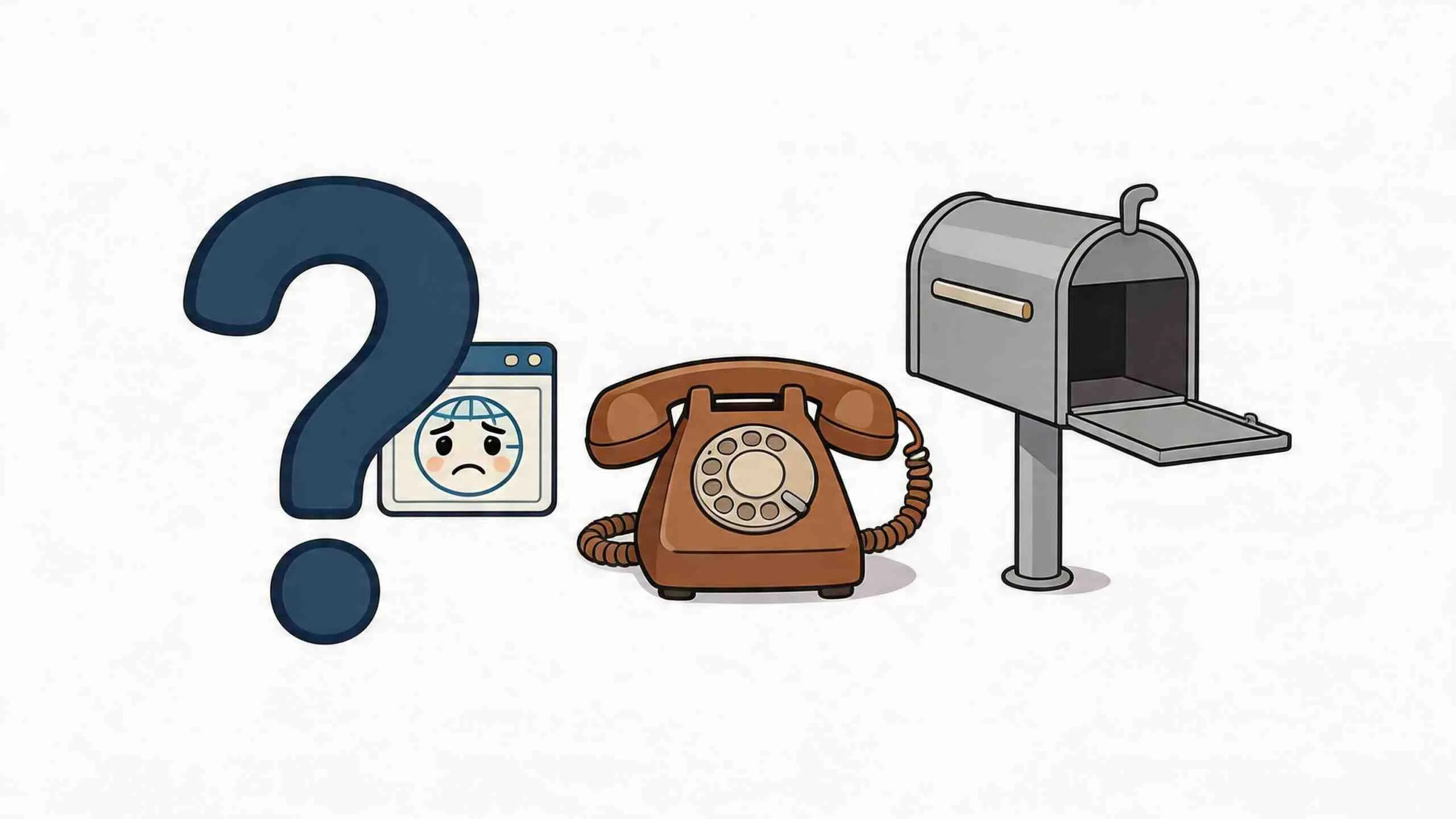 Een afbeelding met een vraagteken naast een computericoon, een oude telefoon en een brievenbus op een witte achtergrond.