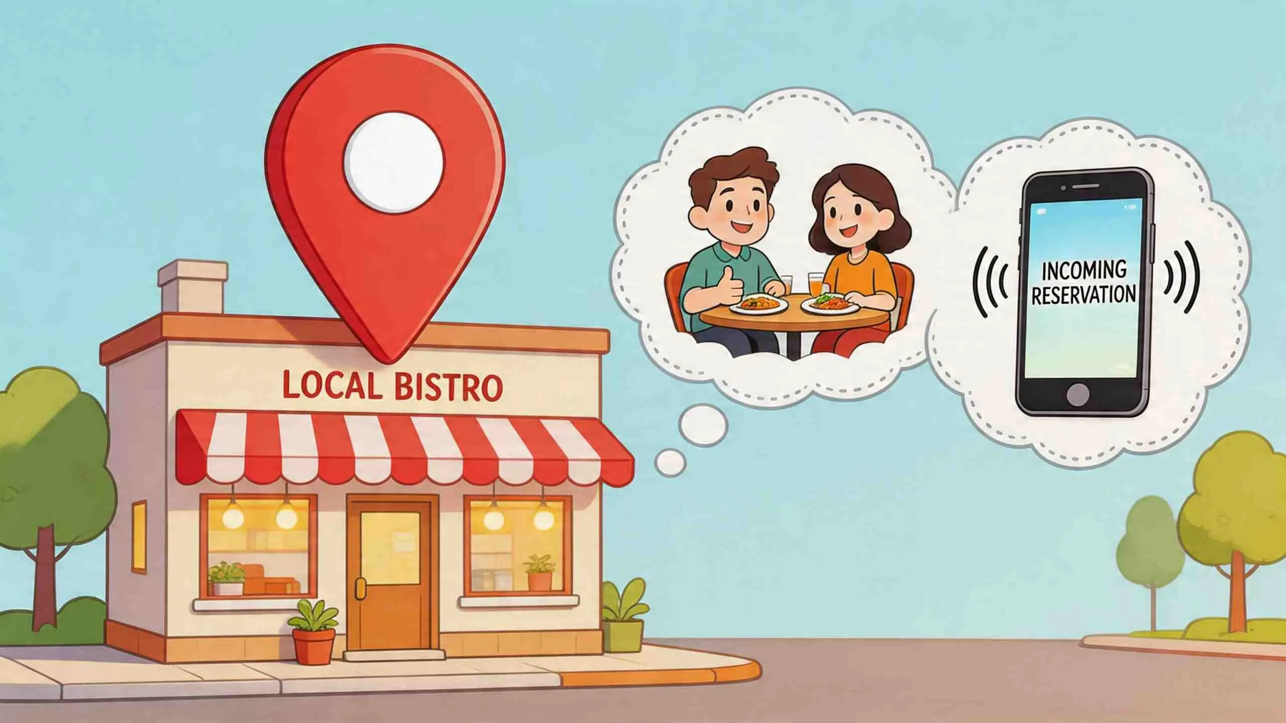 Een digitale illustratie van een lokale bistro met een reserveringsmelding op een smartphone voor zoekmachine optimalisatie.