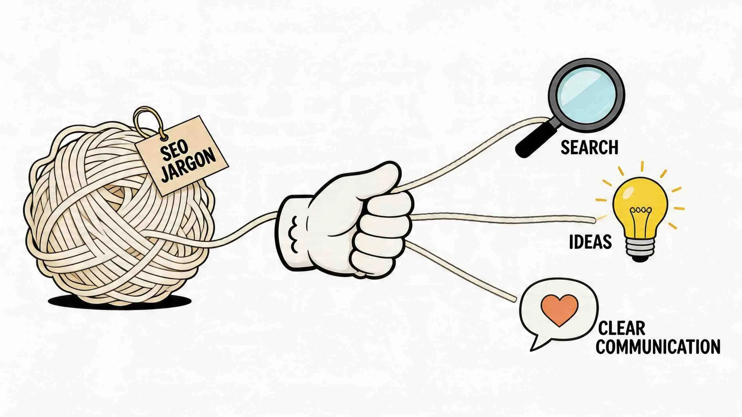 Een hand ontwart een kluwen SEO-jargon in eenvoudige concepten zoals zoekopdrachten, ideeën en heldere communicatie.