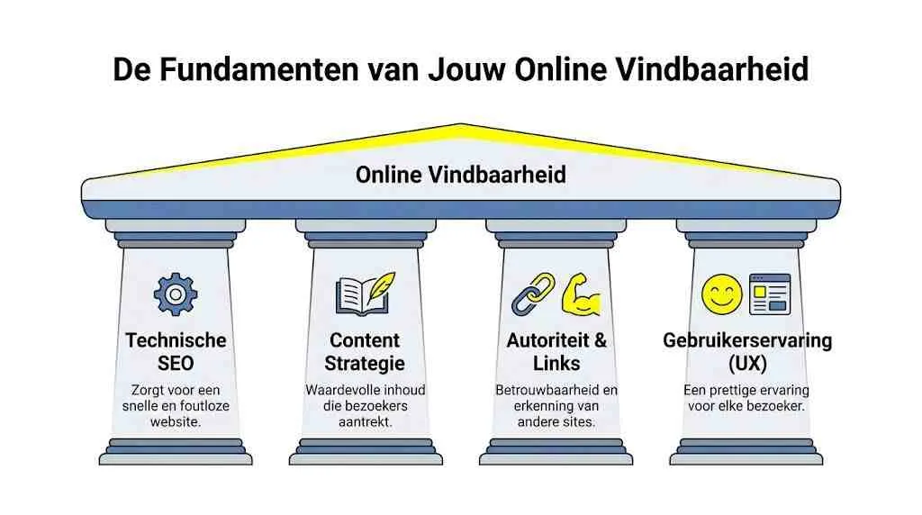 Een overzicht van de vier fundamentele pilaren van online vindbaarheid, inclusief technische SEO, content, autoriteit en gebruikerservaring.
