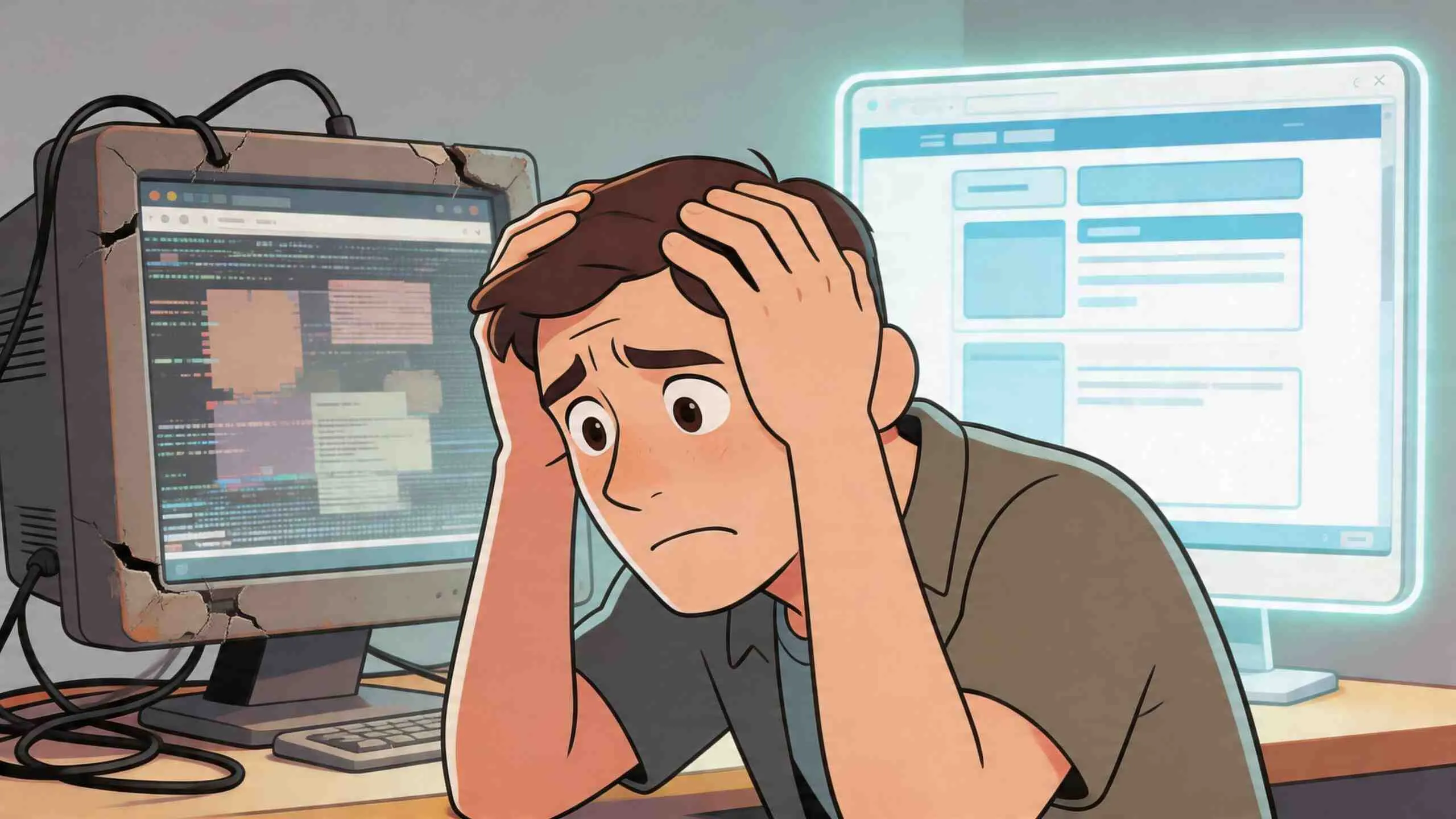 Een gestreste jonge man kijkt met zijn handen op zijn hoofd naar een verouderd, kapot computerscherm.