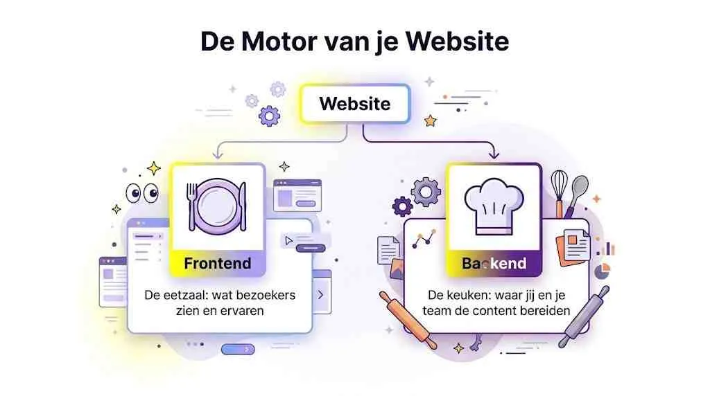 Een overzichtelijke infographic die het verschil tussen de frontend en backend van een website in beeld brengt.