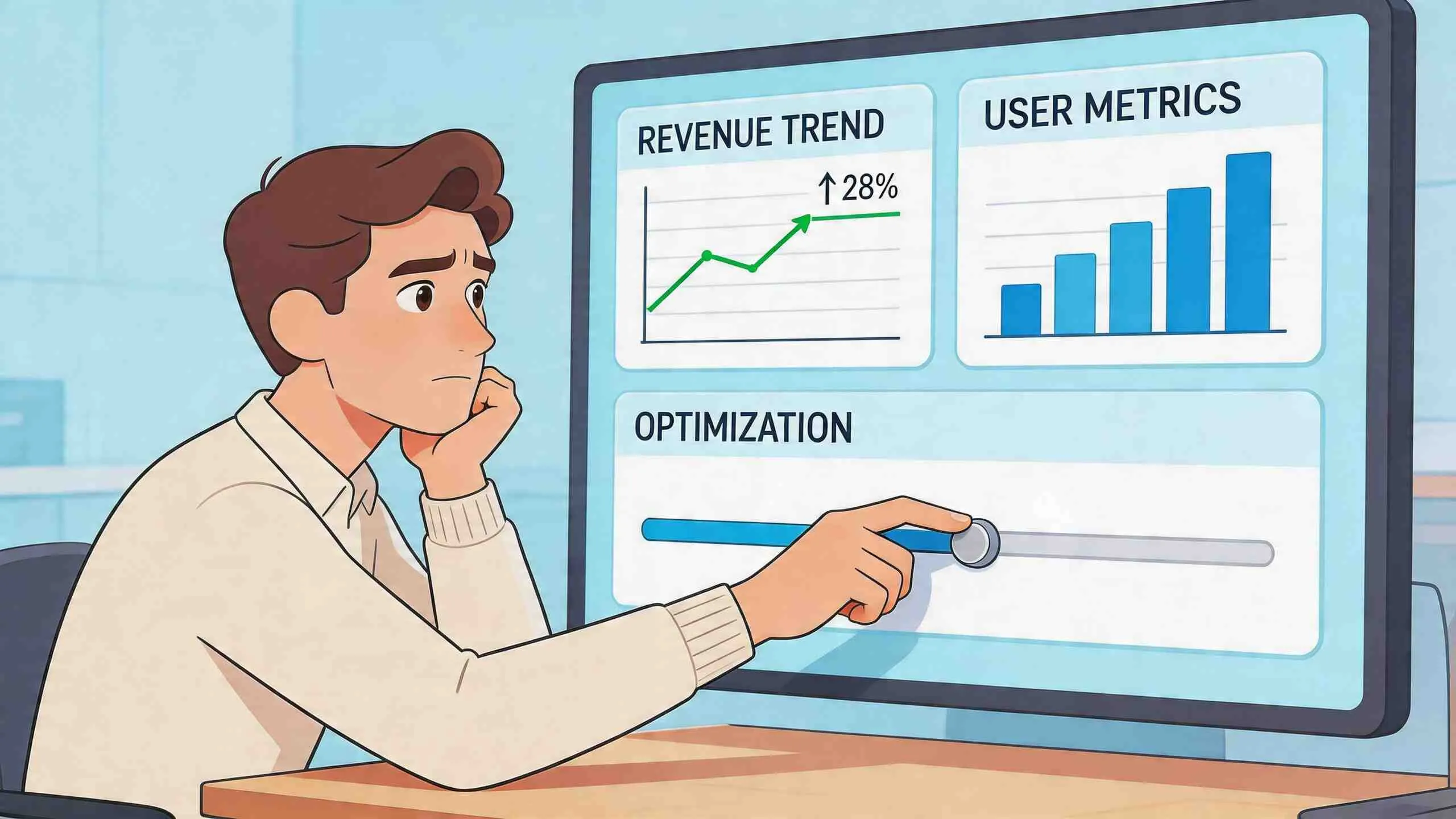 Een geanimeerde jonge man die bezorgd kijkt naar een computerscherm met marketingstatistieken en optimalisatieknoppen op een bureau.