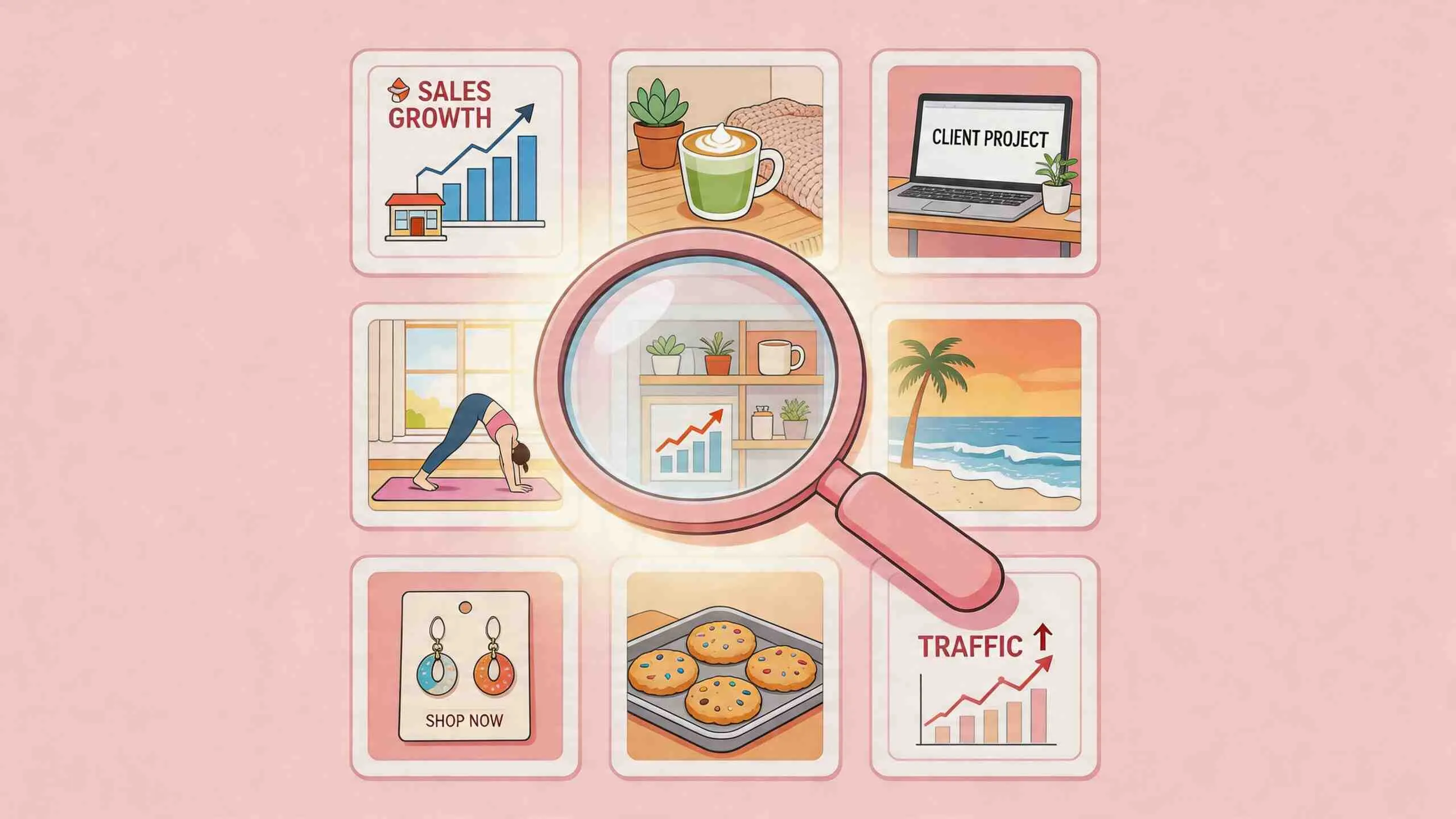Een vergrootglas gericht op Pinterest-stijl afbeeldingen die zakelijke groei, levensstijl en productiviteit visueel weergeven.
