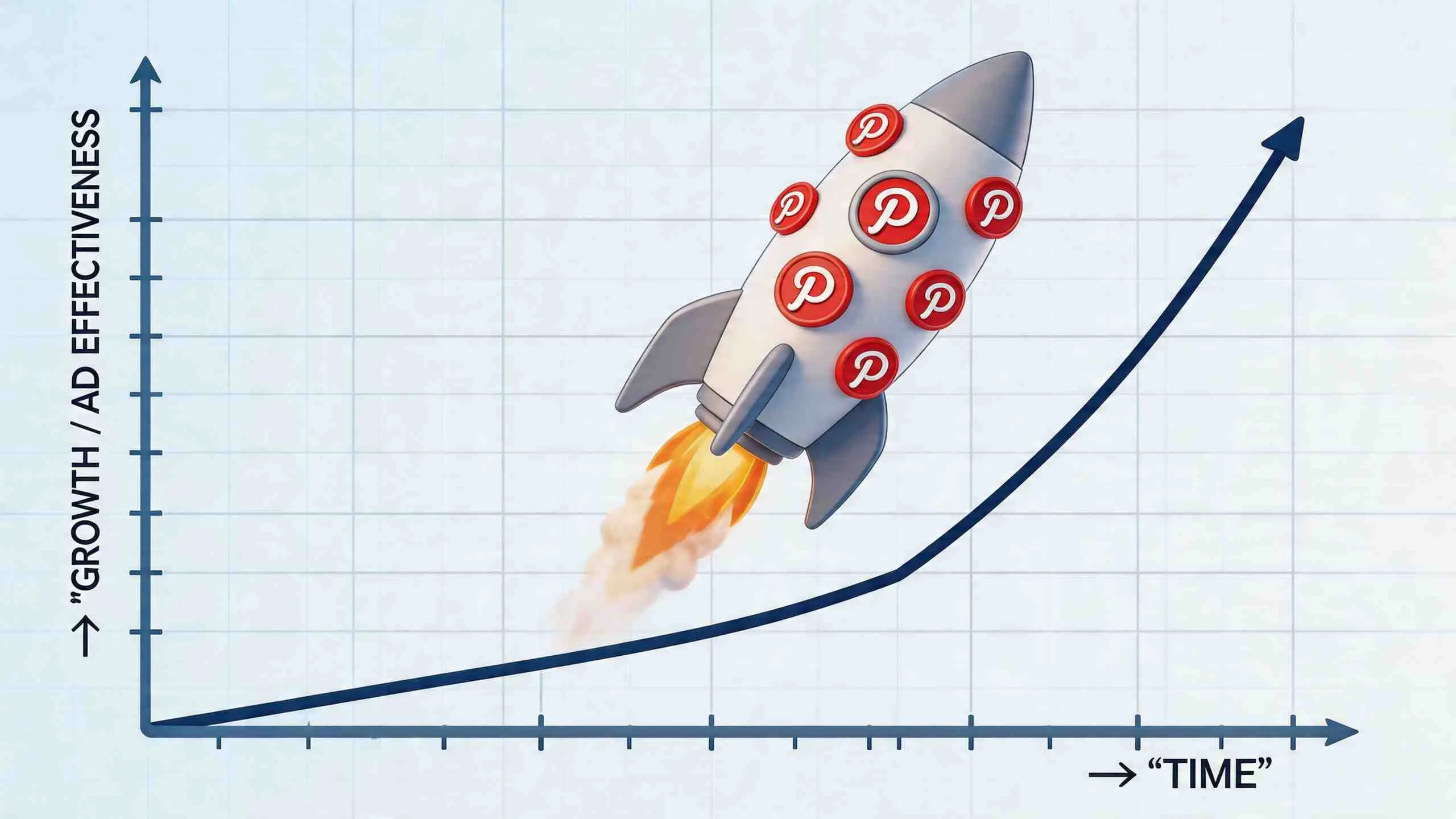 Een grafiek met een raket versierd met Pinterest-logo's die exponentiële groei en effectiviteit in advertenties illustreert.