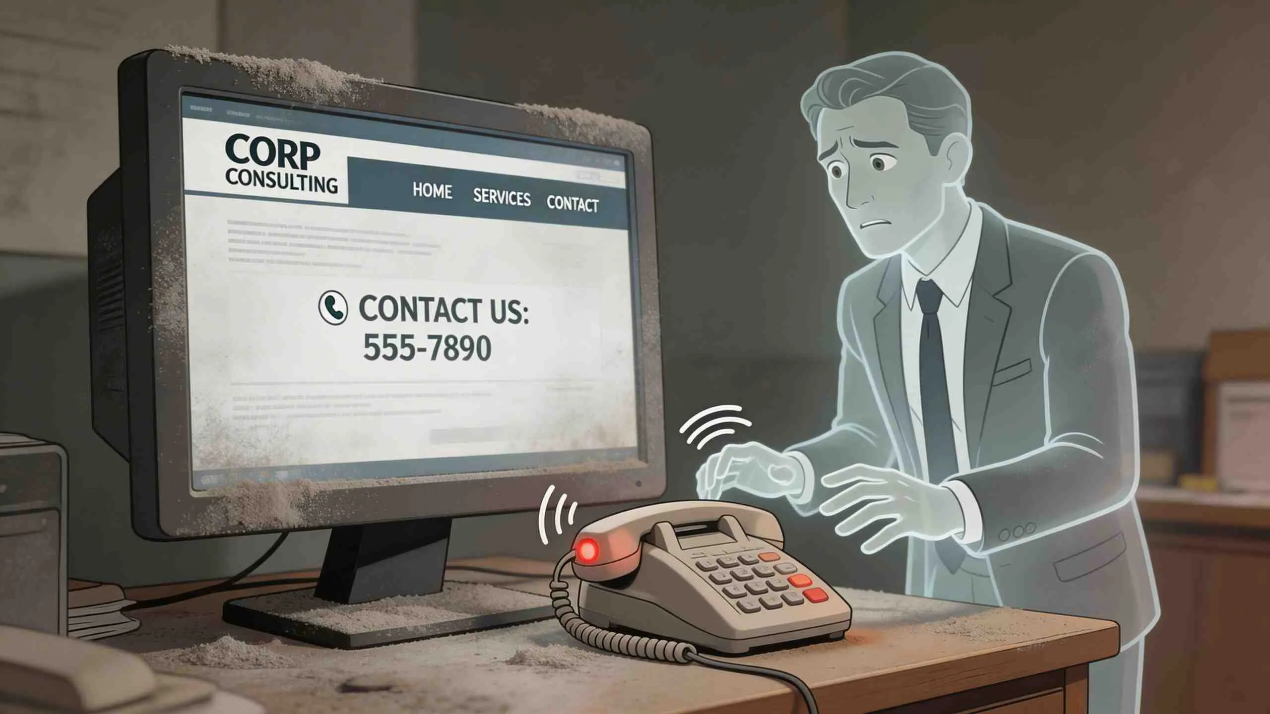 Een spookachtige zakenman in een stoffig kantoor die wanhopig probeert een oude telefoon op te nemen.