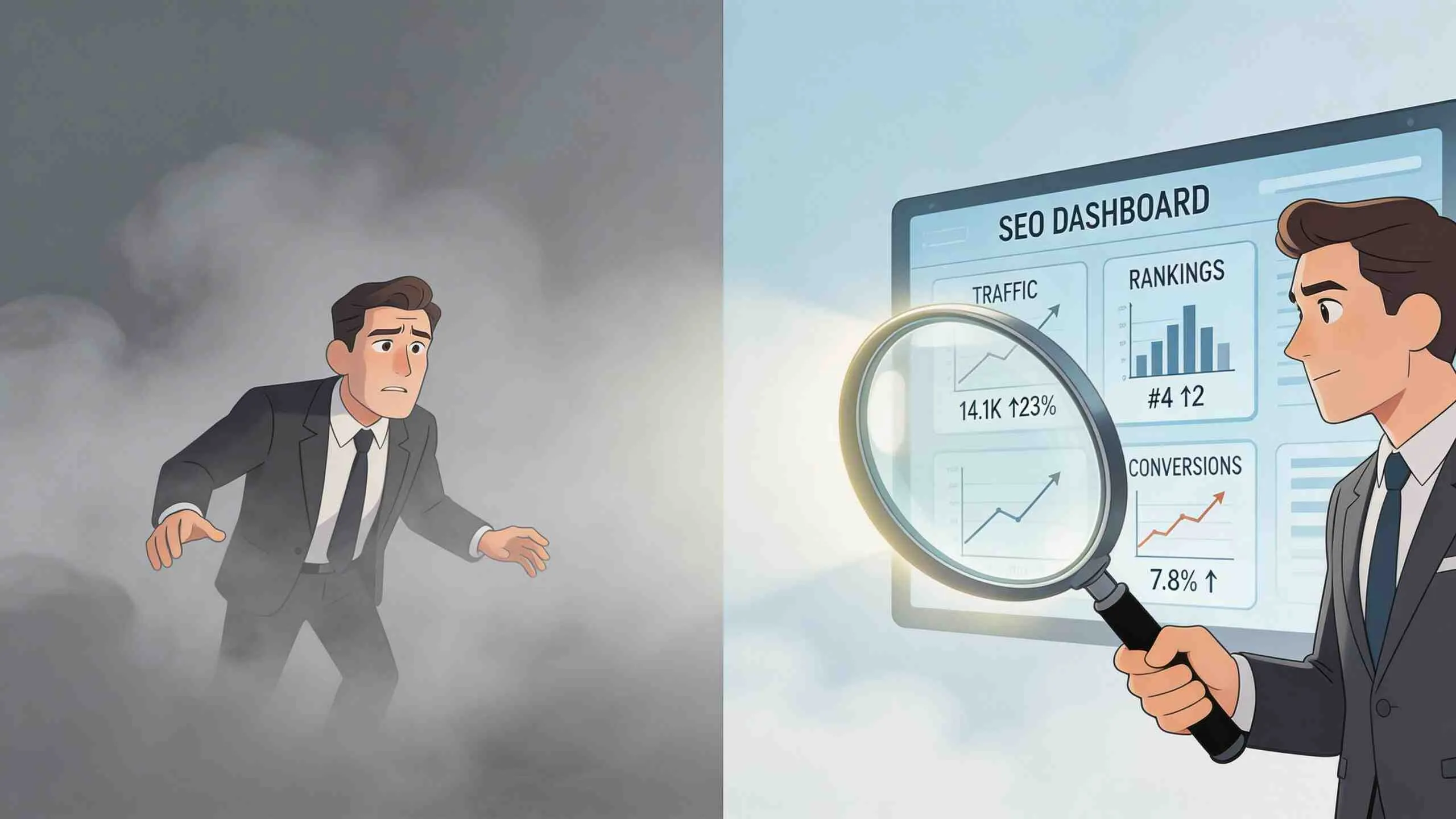 Een SEO-specialist gebruikt een vergrootglas om inzichten te krijgen uit een dashboard, terwijl een ander persoon toekijkt.