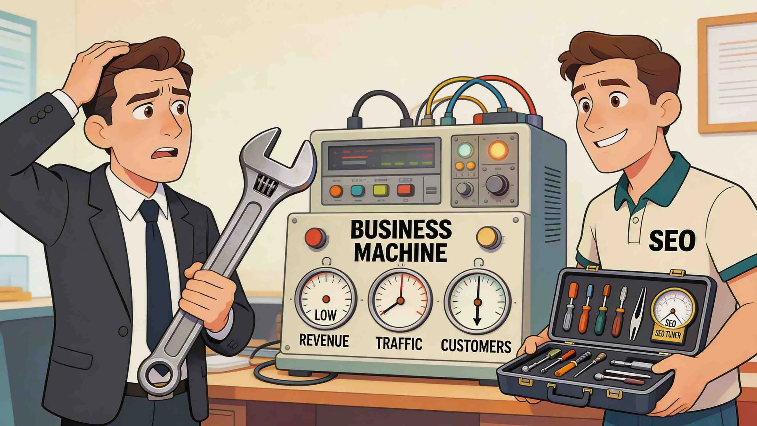 Een gefrustreerde zakenman krijgt hulp van een SEO-specialist bij het repareren van zijn haperende zakelijke machine.