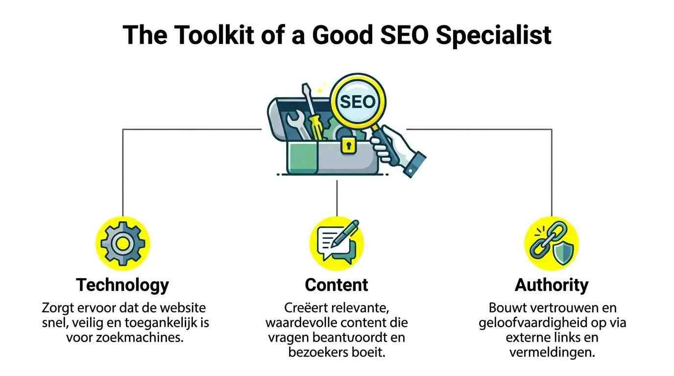Een infographic die de drie pijlers van zoekmachineoptimalisatie weergeeft: techniek, inhoud en autoriteit voor betere vindbaarheid.