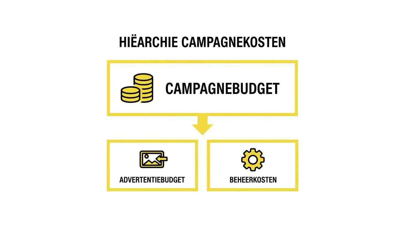 Een overzicht van de hiërarchie van campagnekosten: campagnebudget gesplitst in advertentiebudget en beheerkosten.