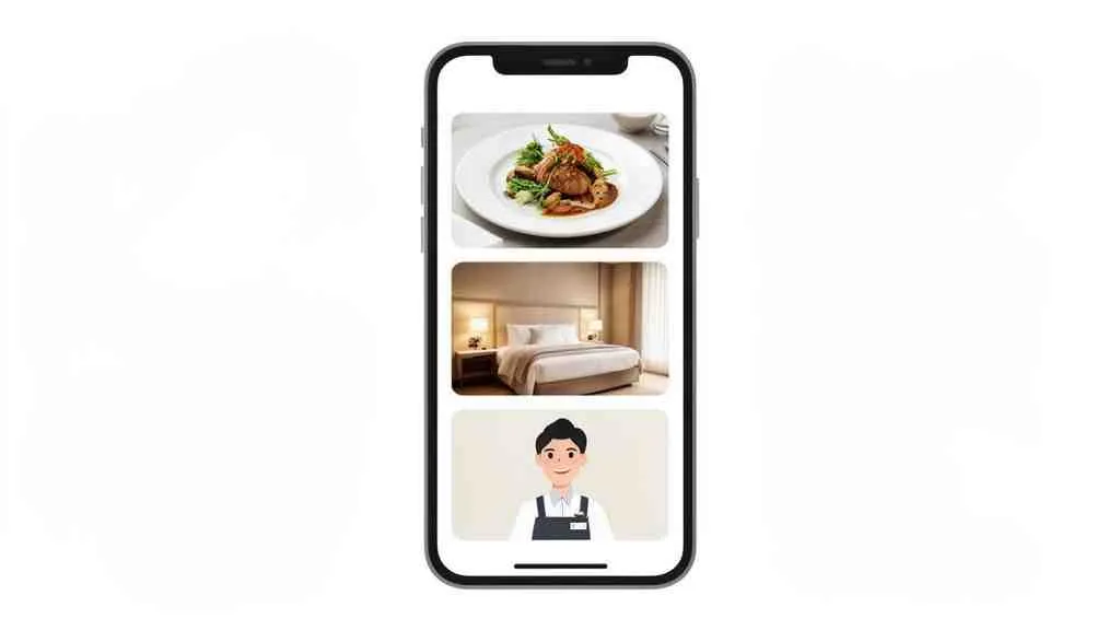 Illustratie van een smartphone die korte video's toont van een gerecht, een hotelkamer en een medewerker.