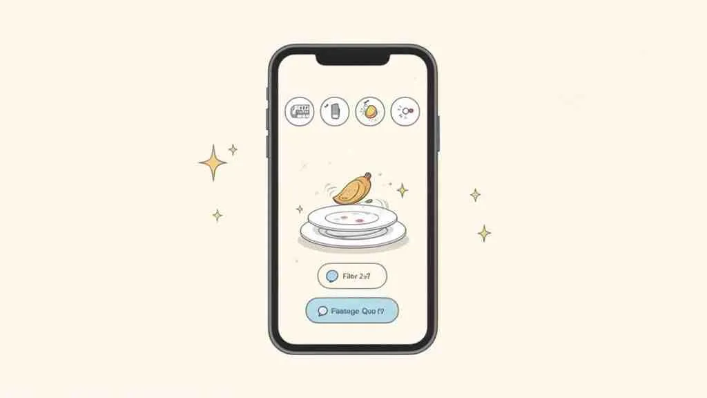 Een smartphone scherm toont een cartoonachtige app met vuile vaat en een banaan, omringd door sterren.