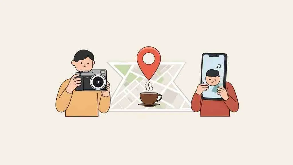 Illustratie van mensen die locaties en ervaringen delen via fotografie en sociale media.