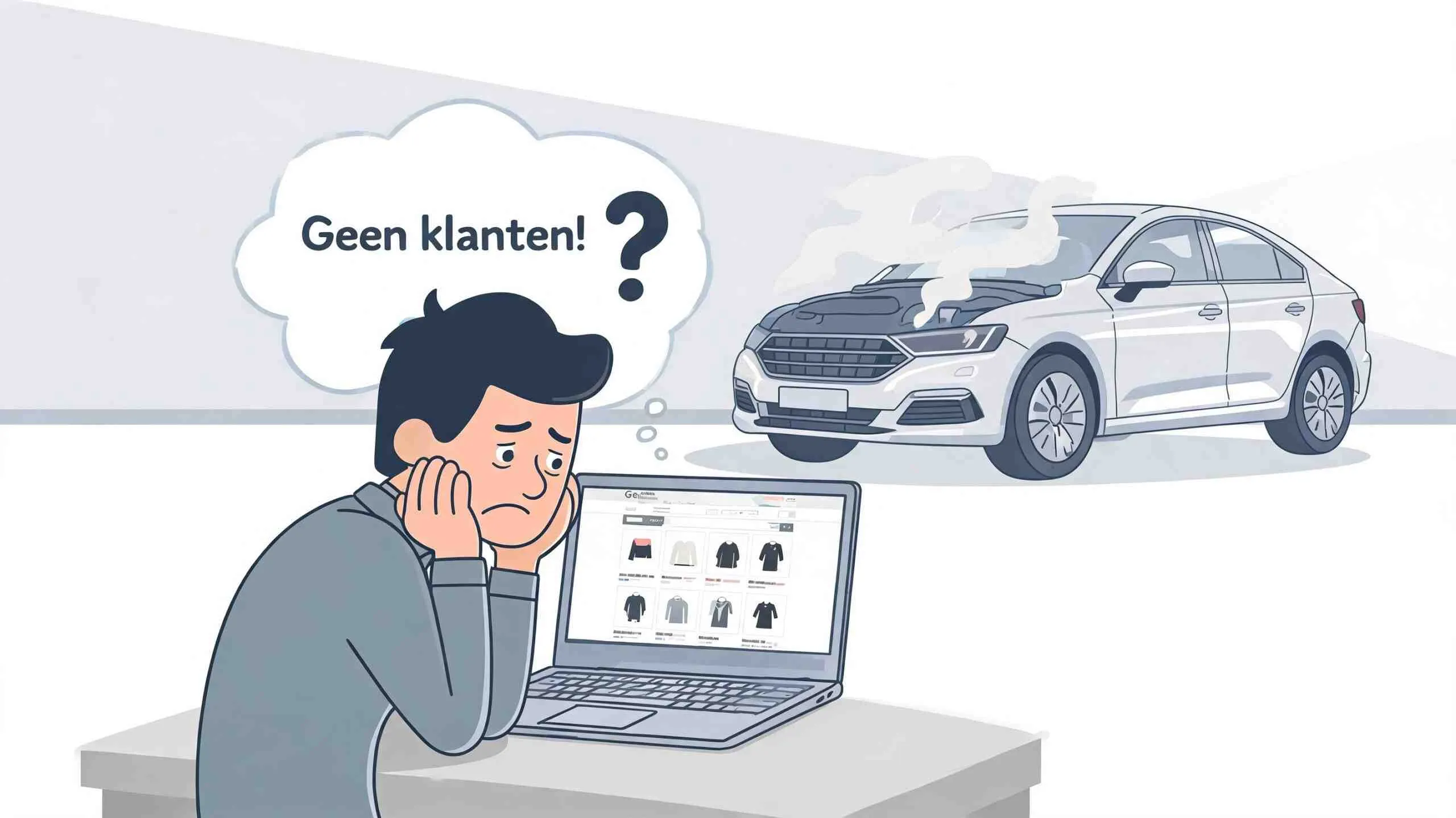 Een teleurgestelde ondernemer achter zijn laptop vraagt zich af waarom hij geen klanten heeft voor zijn online winkel.